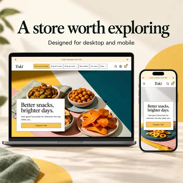 Illustrated desktop and mobile Toki storefronts: a store worth exploring, designed for desktop and mobile.