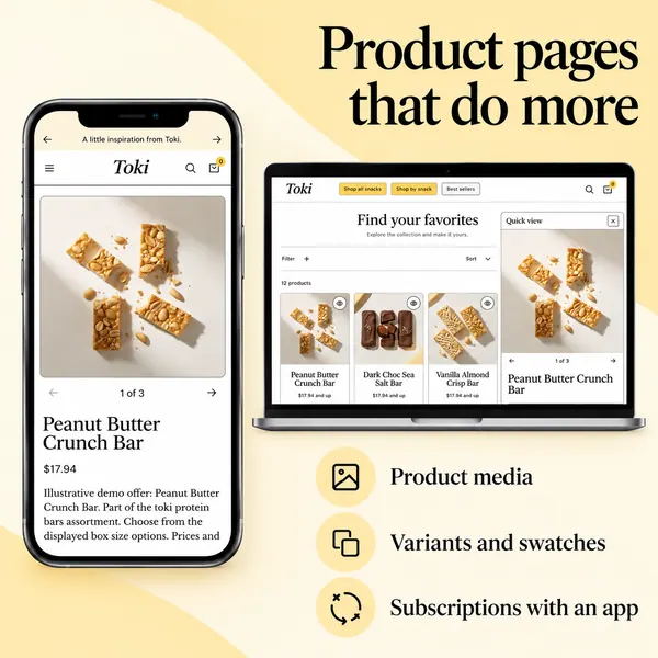 Illustrated Toki product pages: product media, variants and swatches, and subscriptions with an app.